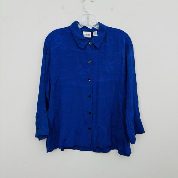 Chicos Royal Blue Silk Long Sleeve Button Up Women’s Size 2 - Picture 1 of 8